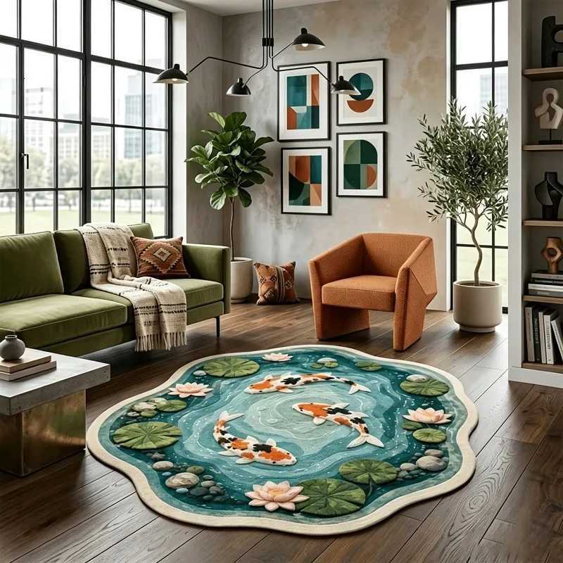 Irregular Lotus Pond Koi Fish Rug Art Pastoral Decor Living Room Carpet Bedroom Bedside Plush Rugs Soft Washable Floor Mat L260908 - view 3