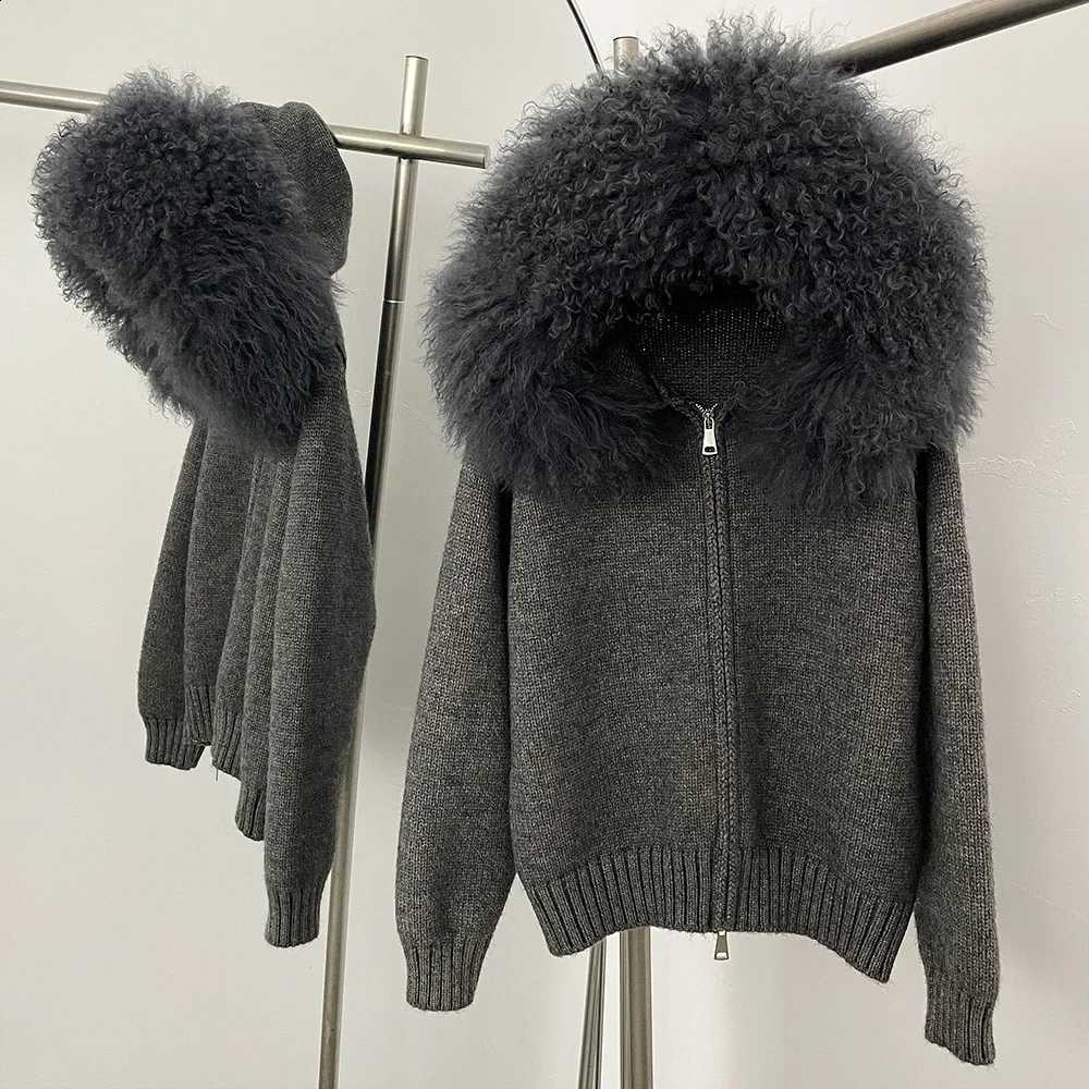 Coat Women Cardigan Natural Fur Coat Women Real Mongolian Fur Knitwear Female Spring Autumn Hooded Knitted Fur Jacket H260910 - view 3