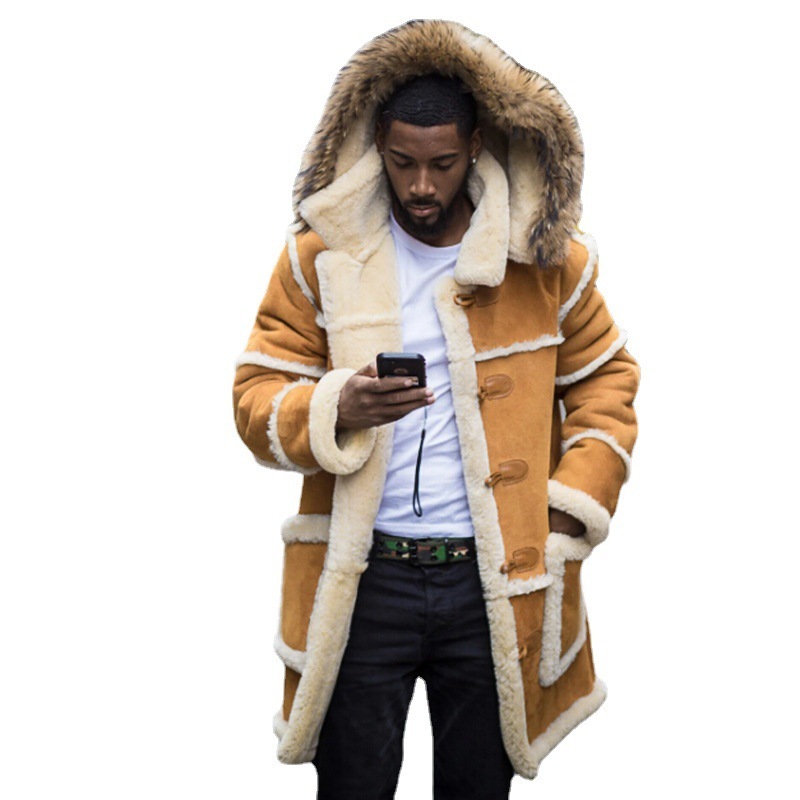 Overcoat Men Winter New Loose Long Cotton-Padded Jacket Brown Fur Integrated Lamb Wool Hooded Coats Male - view 6