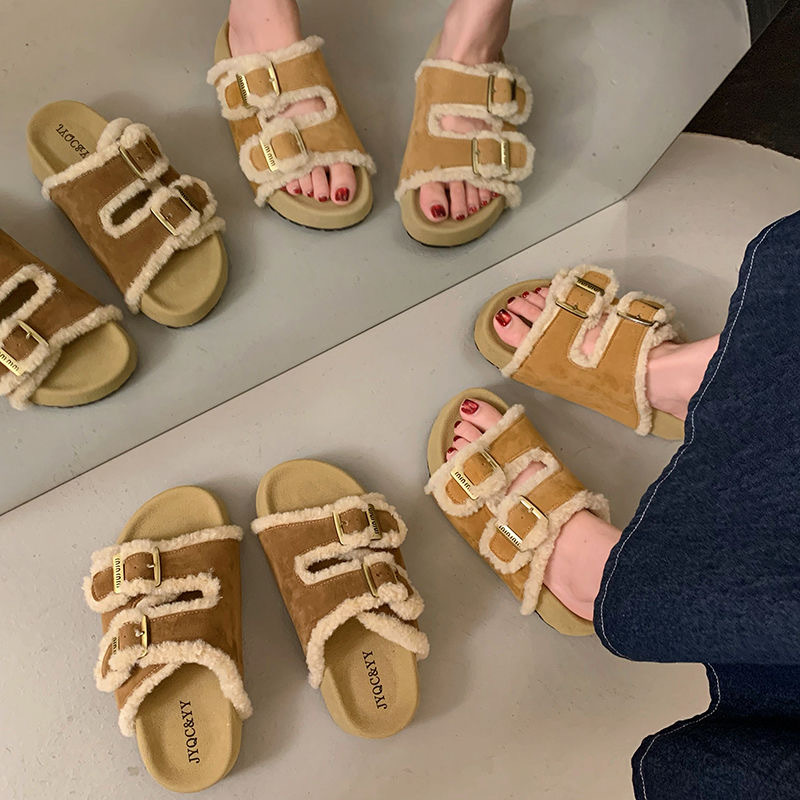 Luxury Designer Naew Free Shipping Designer For Womens Sandals Brown Khai Fashionable And Versatile Winter Warm Flat Slippers - view 3