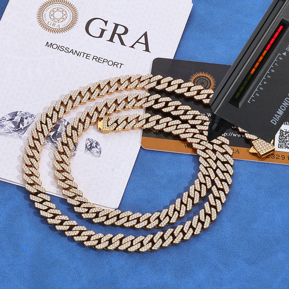 18K Gold Plated Moissanite Cuban Link Chain Necklace Stainless Steel Hip Hop Jewelry for Party Wedding Anniversary Men