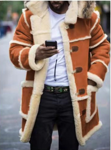 Overcoat Men Winter New Loose Long Cotton-Padded Jacket Brown Fur Integrated Lamb Wool Hooded Coats Male - view 4