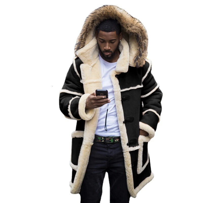 Overcoat Men Winter New Loose Long Cotton-Padded Jacket Brown Fur Integrated Lamb Wool Hooded Coats Male - view 5