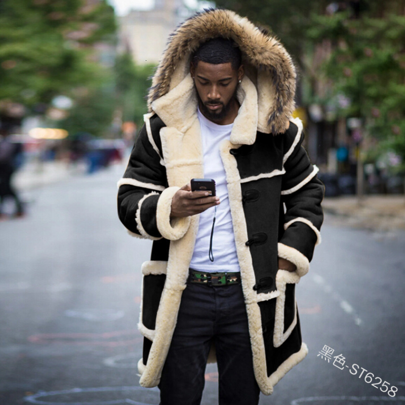 Overcoat Men Winter New Loose Long Cotton-Padded Jacket Brown Fur Integrated Lamb Wool Hooded Coats Male - view 7