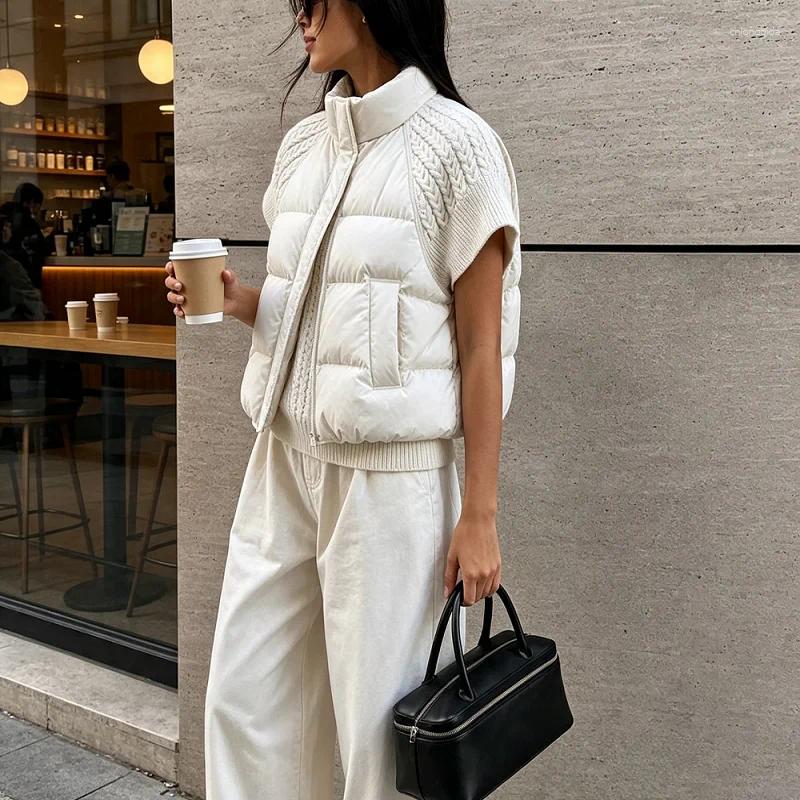 Women Knitted Splicing Padded Vest Stand Collar Sleeveless Z