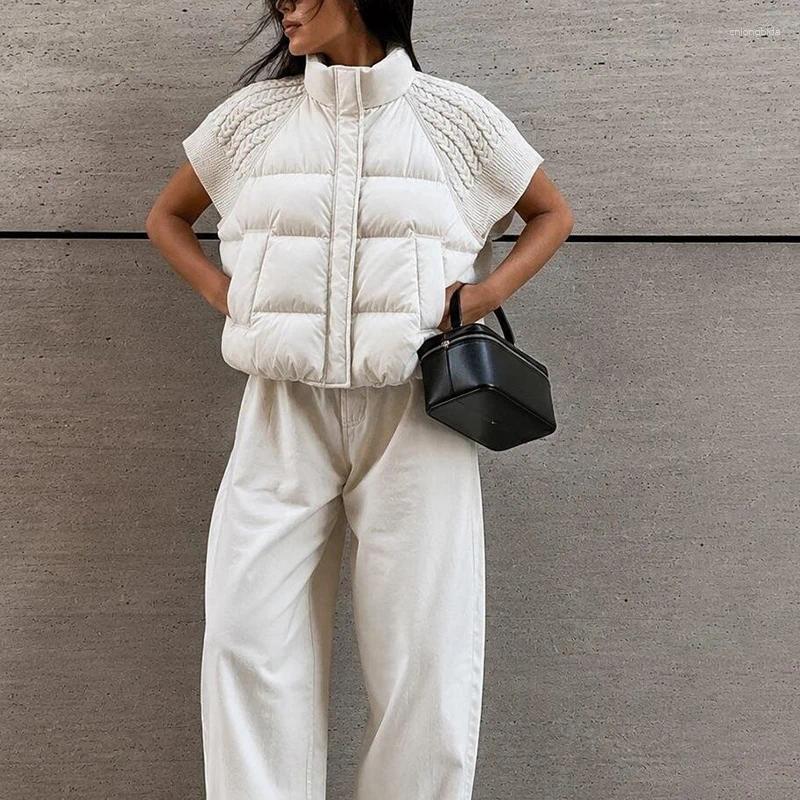 Women Knitted Splicing Padded Vest Stand Collar Sleeveless Z - view 3