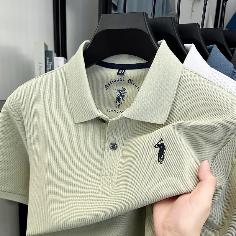 Designer 100% pure cotton short-sleeved men's polo shirt, suitable for middle-aged men, business casual style, solid color with embroidered horse - view 5