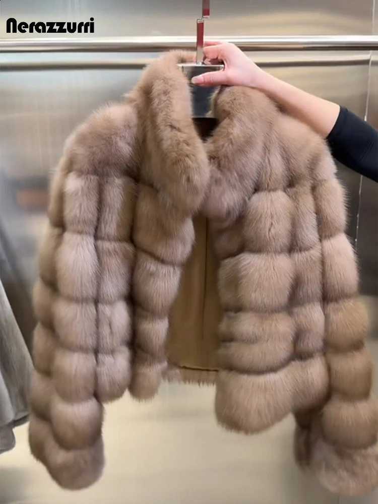 Hairy Nerazzurri Short Autumn Winter Soft Thick Warm Faux Sable Fur Coat Women Stand Collar Striped Fluffy Jacket H260910 - view 4