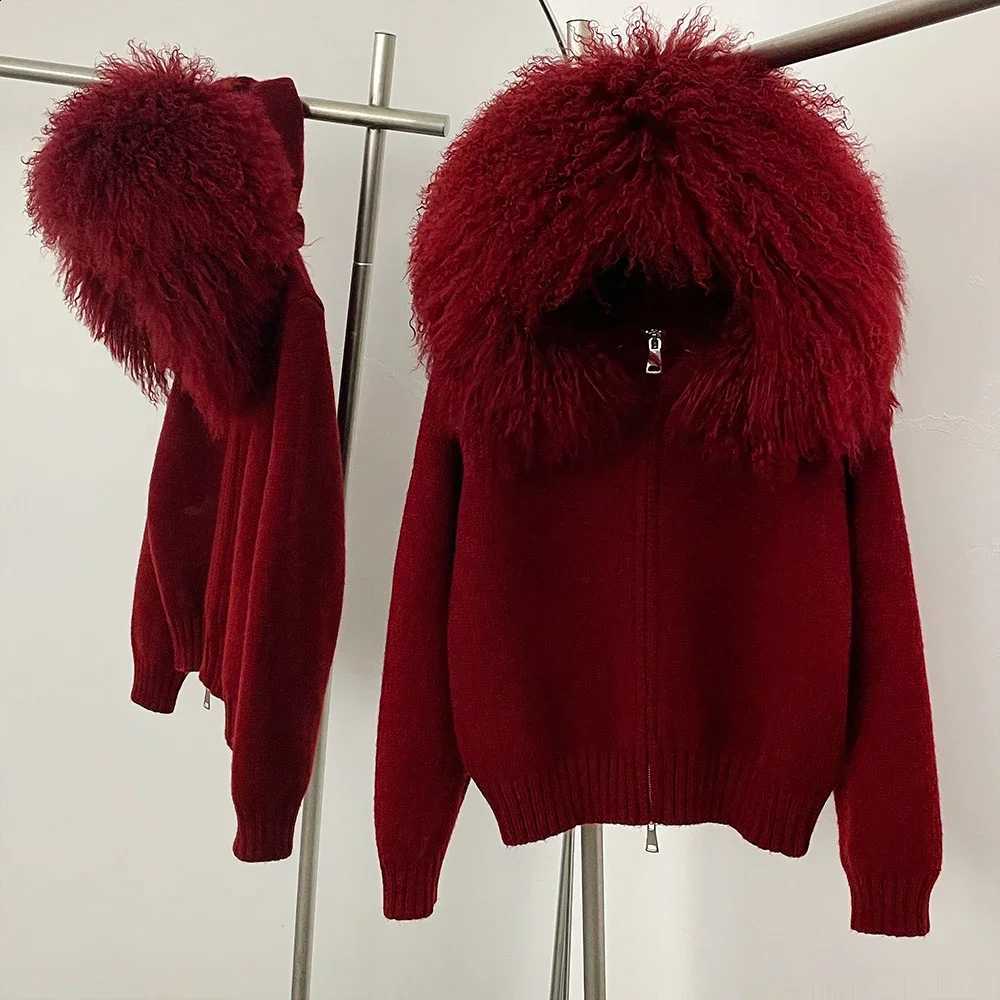 Coat Women Cardigan Natural Fur Coat Women Real Mongolian Fur Knitwear Female Spring Autumn Hooded Knitted Fur Jacket H260910 - view 5