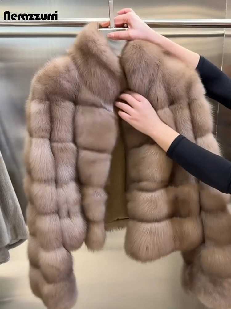 Hairy Nerazzurri Short Autumn Winter Soft Thick Warm Faux Sable Fur Coat Women Stand Collar Striped Fluffy Jacket H260910 - view 6