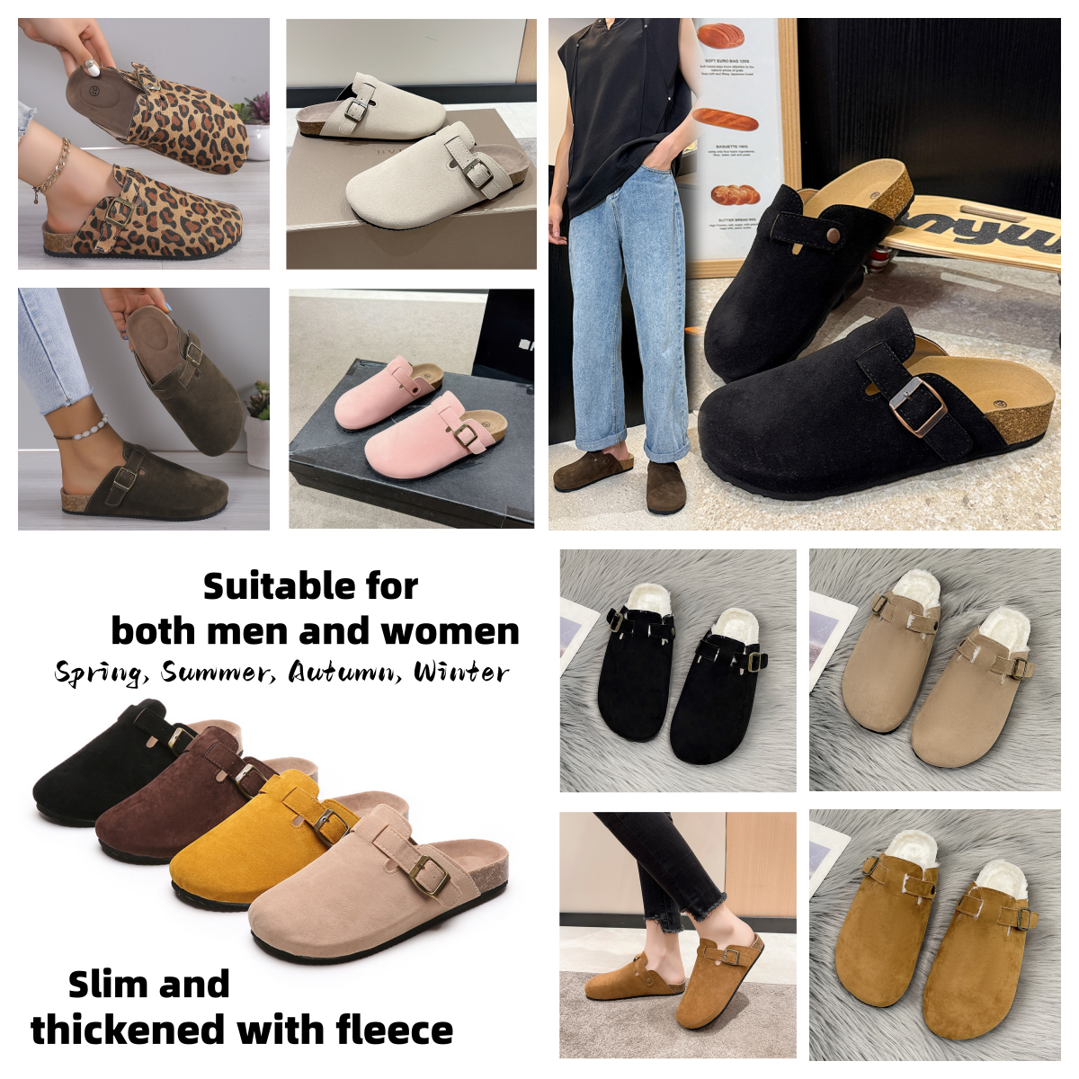 Slippers Fashion Clogs Slippers Cork Flat Mules Flip Flops Leather Slide Soft Footbed Beach Casual Shoes Regular And Thickened With Fleece Women Men S