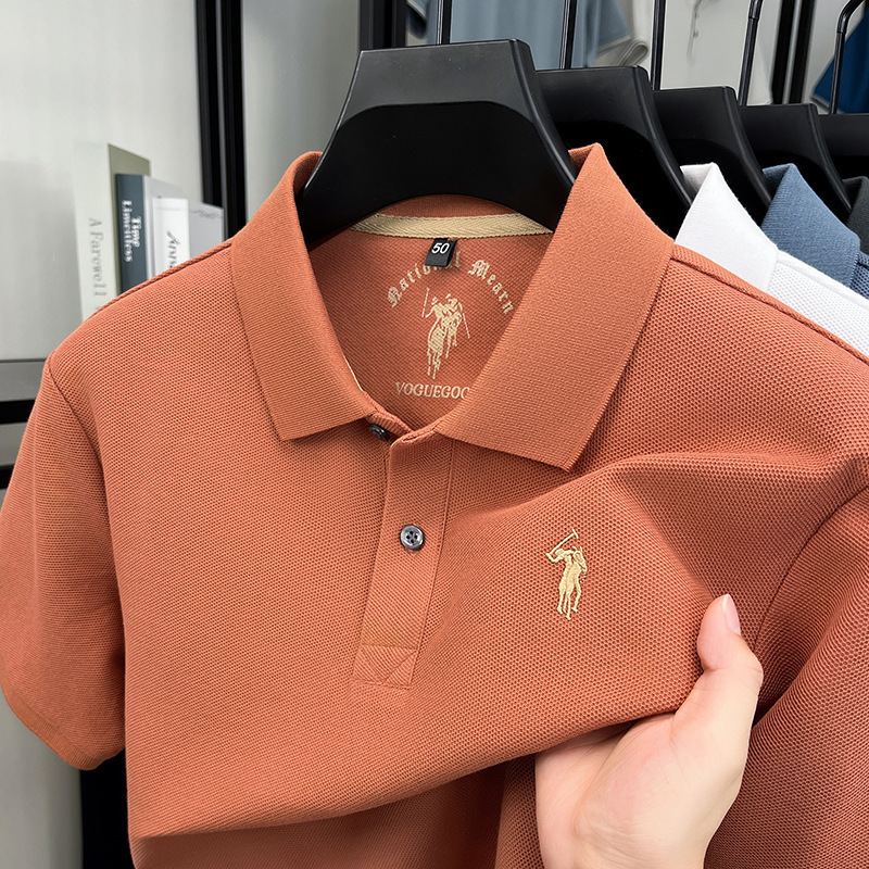 Designer 100% pure cotton short-sleeved men's polo shirt, suitable for middle-aged men, business casual style, solid color with embroidered horse - view 3