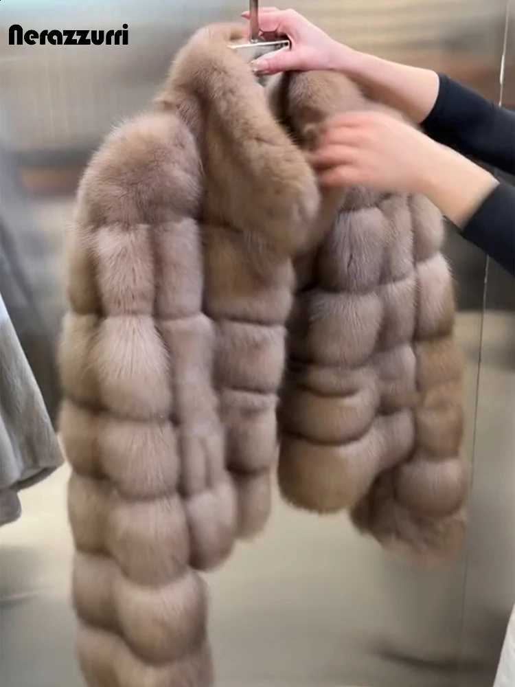 Hairy Nerazzurri Short Autumn Winter Soft Thick Warm Faux Sable Fur Coat Women Stand Collar Striped Fluffy Jacket H260910 - view 5