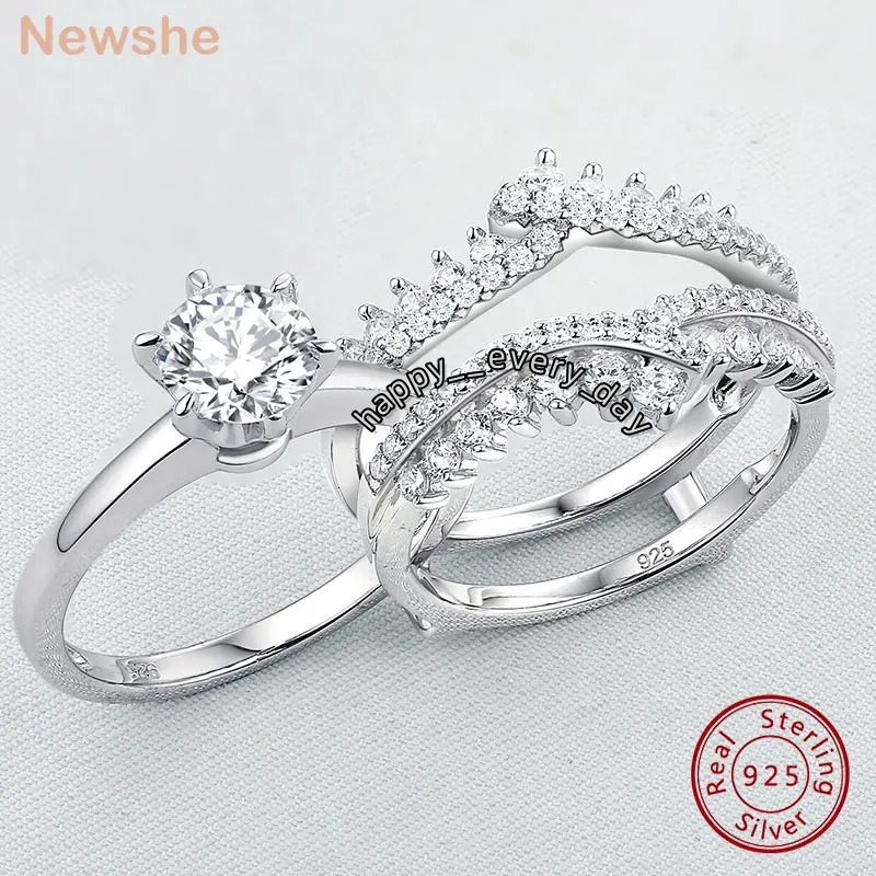 Newshe 925 Silver Bridal Set Original Wedding Rings for Women 3.0Ct Round Cut Moissanite Moissanite Engagement Ring Enhancer Band