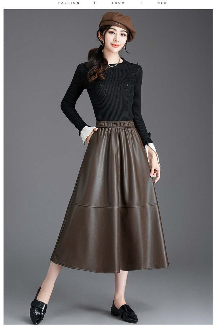 Autumn Long Black A Line Soft Faux Leather Skirt Women High Waist Stylish Maxi Skirts Korean Fashion Clothing 240820 - view 4