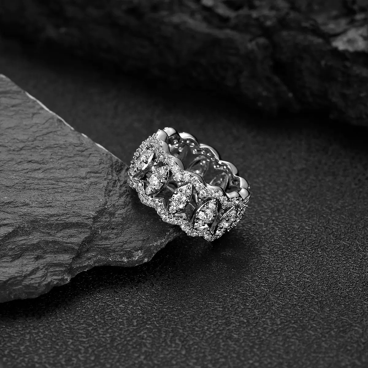 S925 Sterling Silver Moissanite Cuban Link Ring, Iced Out Full Paved Moissanite Band Ring, Hip Hop Bling Rapper Jewelry for Men, Multiple Styles Avail - view 9