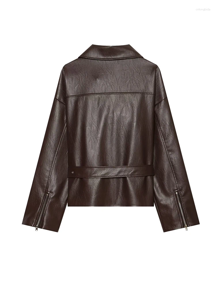 Fashion Women Faux Leather Trench Coat Long Sleeve Lapel Jac - view 5