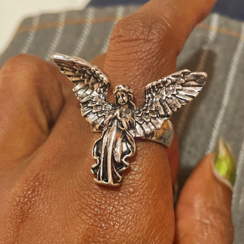 Anello Gotico Vintage Invecchiato Angelo Argento Colore Argento Antico Punk Hip Hop Coppia Anelli Gioielli Regalo Anelli Mujer 260915-image