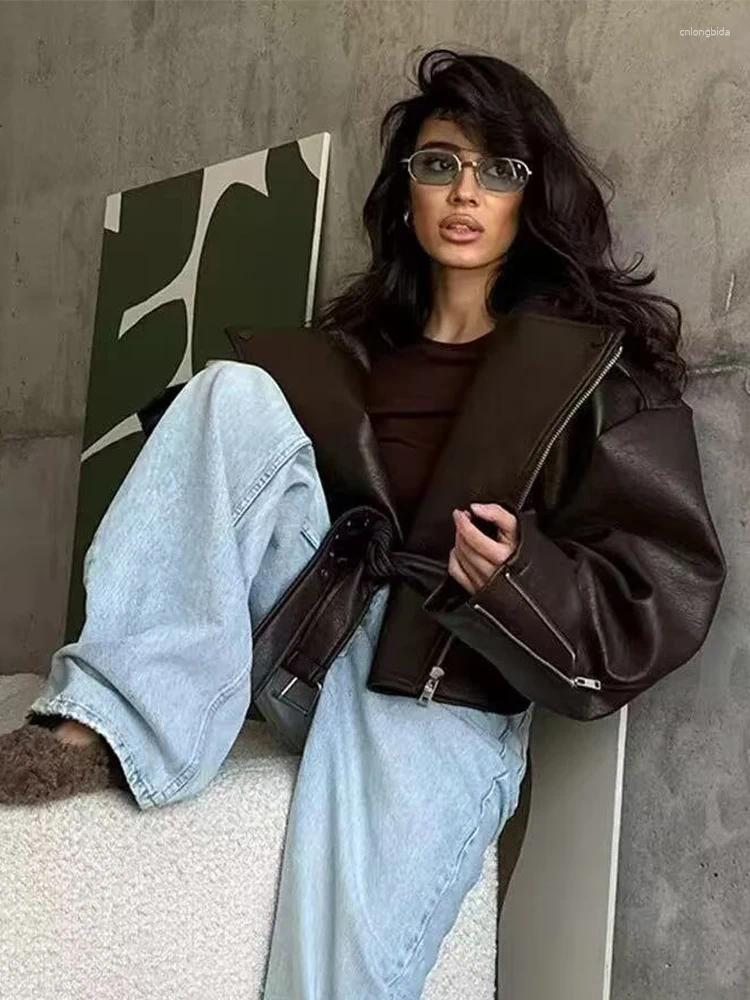Fashion Women Faux Leather Trench Coat Long Sleeve Lapel Jac - view 3