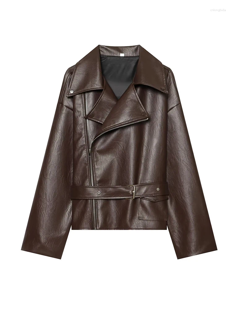 Fashion Women Faux Leather Trench Coat Long Sleeve Lapel Jac - view 4