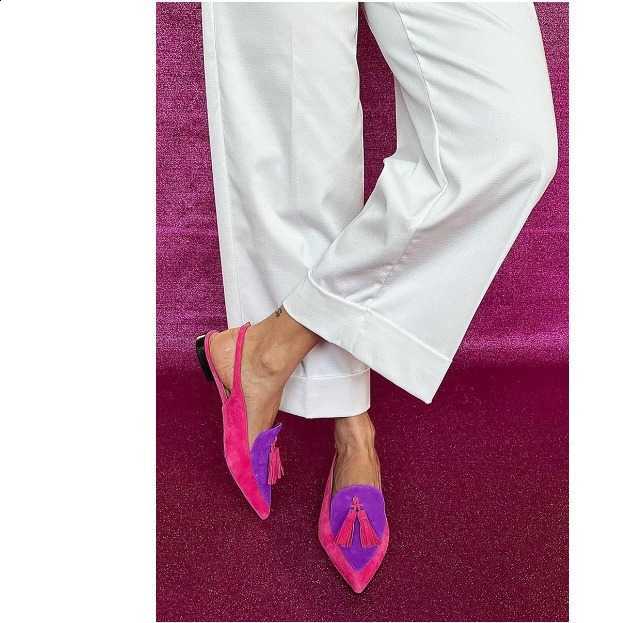 New 2026 color-matched women's large-size pointed-toe fringed low-heeled slip-on sandals with open backs Q260916 - view 3
