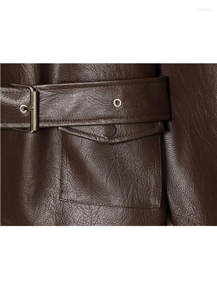 Fashion Women Faux Leather Trench Coat Long Sleeve Lapel Jac - view 6