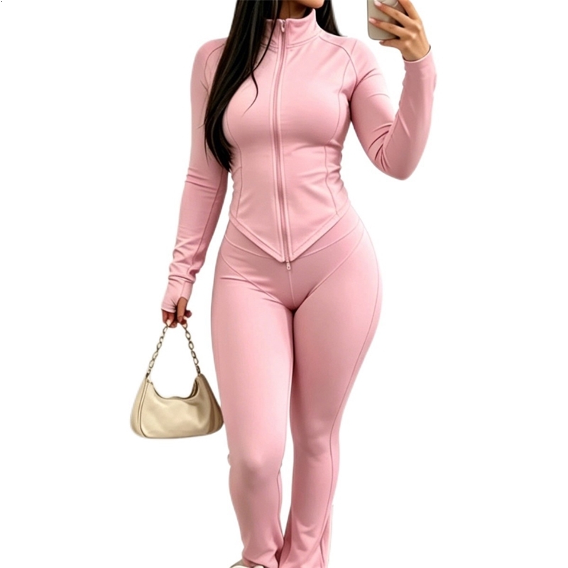 Womens Tracksuit Sports Leisure Sweatsuit Sexy Tight Three Piece Set Women Long Sleeve Zipper Neck Jacket Top Flare Pants And Headscarf 3 Piece Outfit - view 3