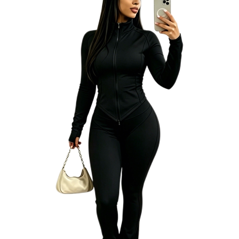 Womens Tracksuit Sports Leisure Sweatsuit Sexy Tight Three Piece Set Women Long Sleeve Zipper Neck Jacket Top Flare Pants And Headscarf 3 Piece Outfit - view 5