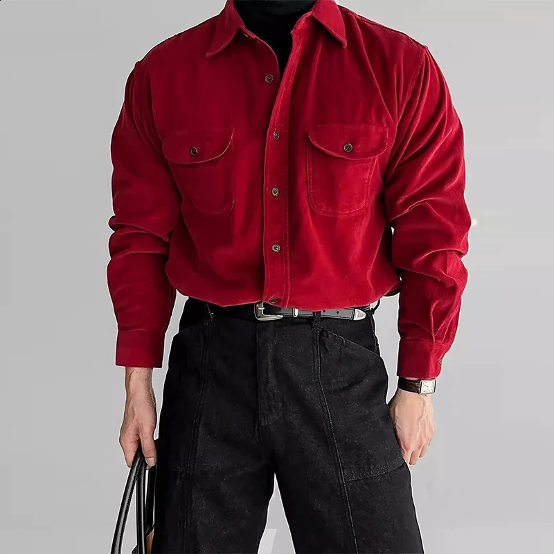 Camicie Rosse Da Uomo Coreane Di Moda In Velluto A Coste Strutturato Tinta Unita Camicetta A Maniche Lunghe Leggera Y Occasione Di Matrimonio Street-image