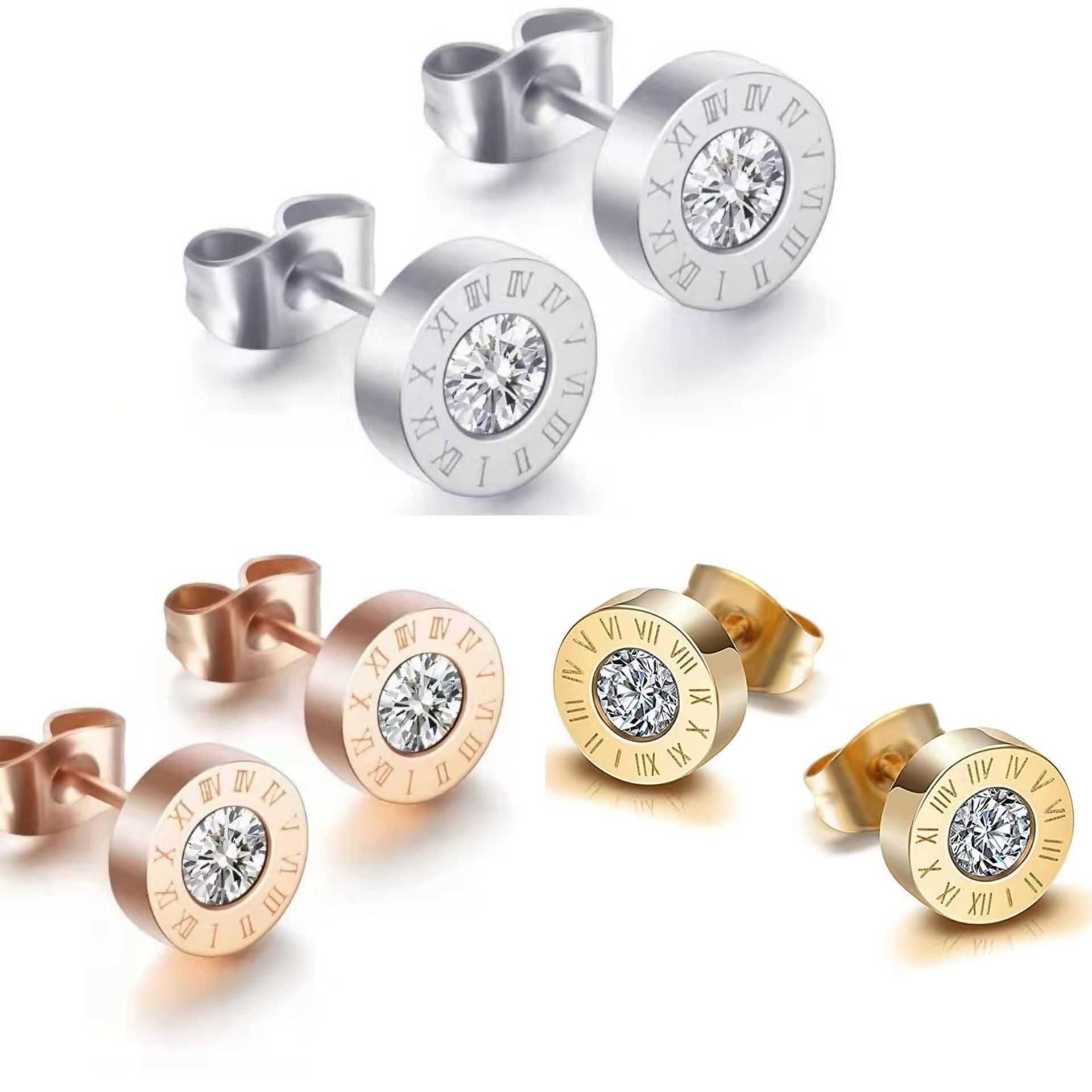 Rotondo 8MM Numeri Romani Acciaio Inossidabile 316L Orecchini Con Diamante Zircone Blk Gun Numero Placcato Oro Per Donna Orecchini Da Uomo Orecchino-image