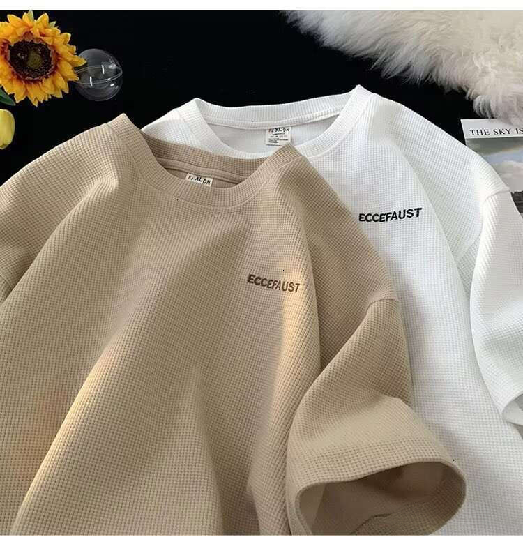 Shirts Designer Tees Waffle Short Summer Trendy Round Neck Half Top Loose Casual Five Sleeve T shirt Men's Clothing Daily Outfit