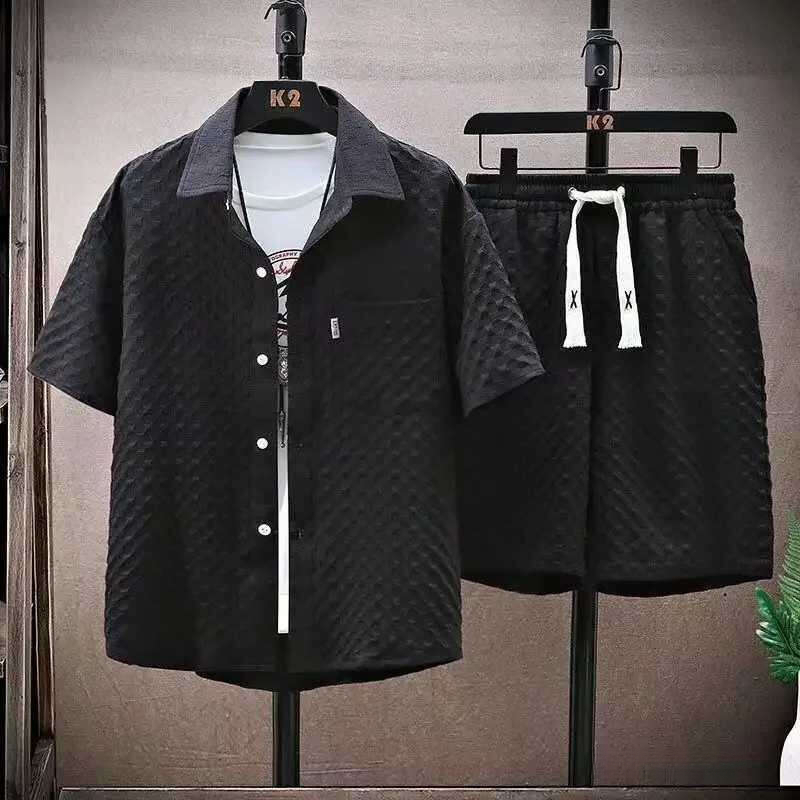Tracksuits Set High Quality Ice Silk Plaid Short Sleeved Lapel Shirt Shorts Two Piece For Men Luxury Casual Oversize Men's Clothing Daily Outfit