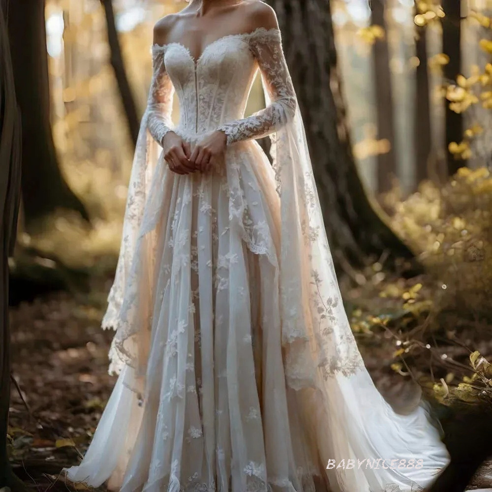 Abito Da Sposa A Maniche Lunghe Con Spalle Scoperte Corsetto In Pizzo Abiti Da Sposa A Linea Abito Da Sposa Foresta Fatata Abiti Da Cerimonia Sposa-image