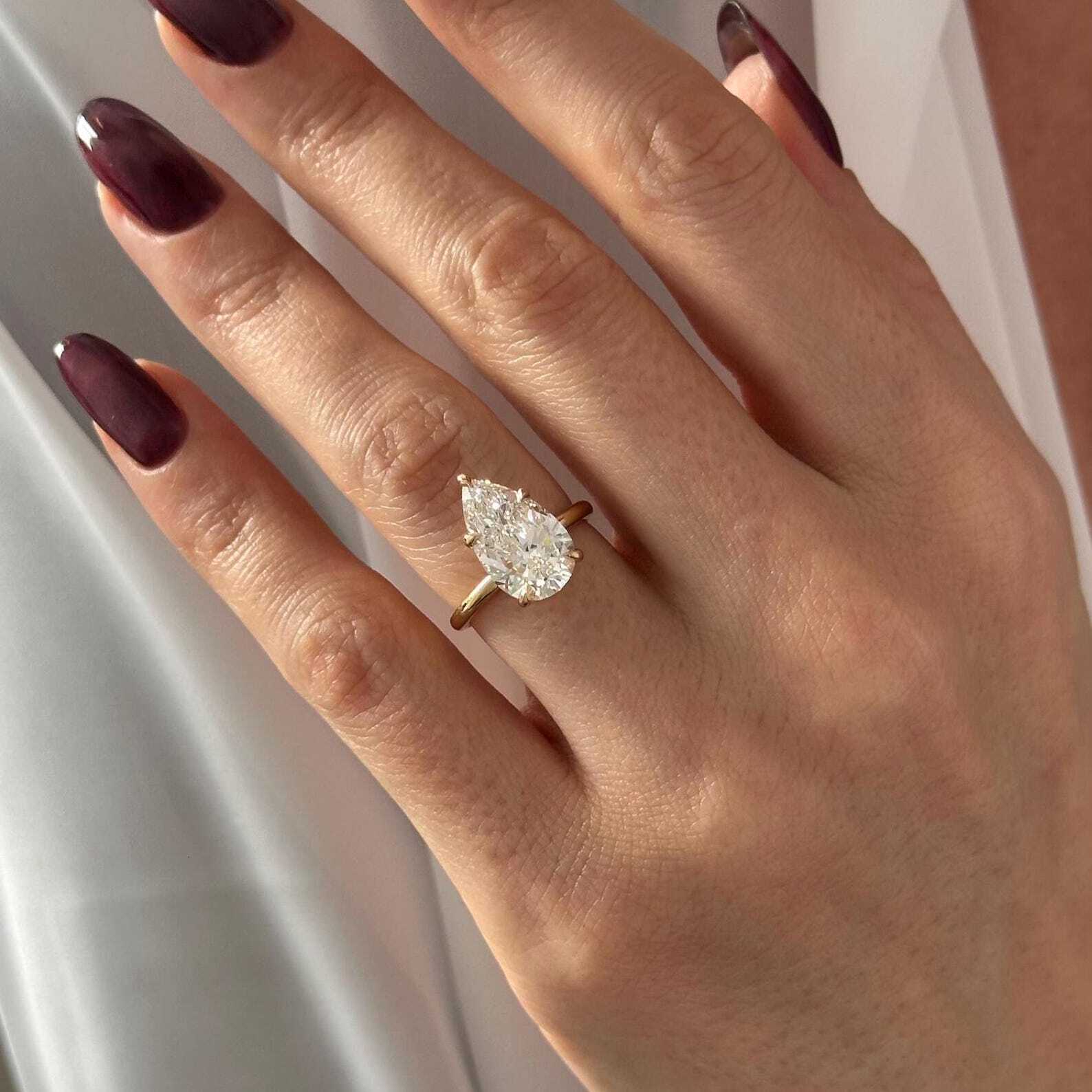 Elongated Pear Cut E VVS2 Lab Grown Diamond 2MM Solitaire Ring Low Set 5 Prong 14k Gold IGI Certified - view 7