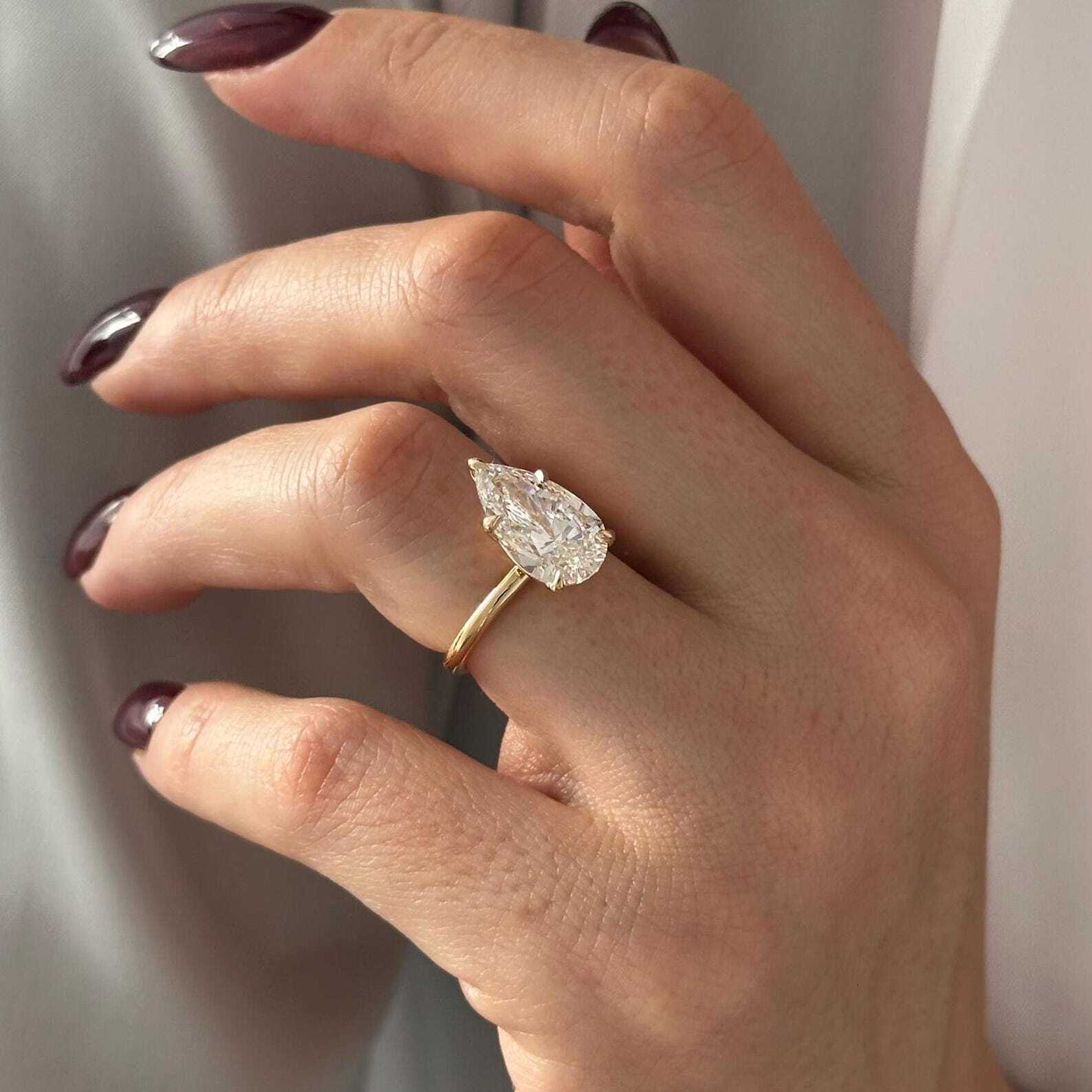 Elongated Pear Cut E VVS2 Lab Grown Diamond 2MM Solitaire Ring Low Set 5 Prong 14k Gold IGI Certified - view 6