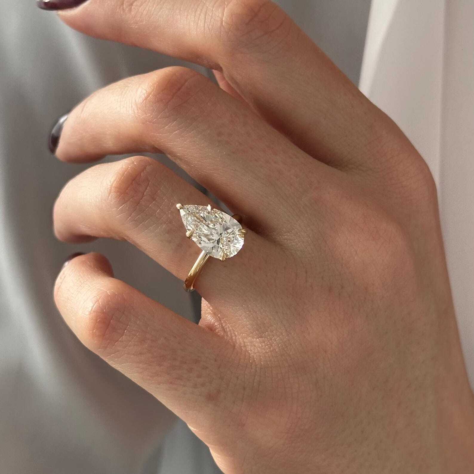 Elongated Pear Cut E VVS2 Lab Grown Diamond 2MM Solitaire Ring Low Set 5 Prong 14k Gold IGI Certified - view 4