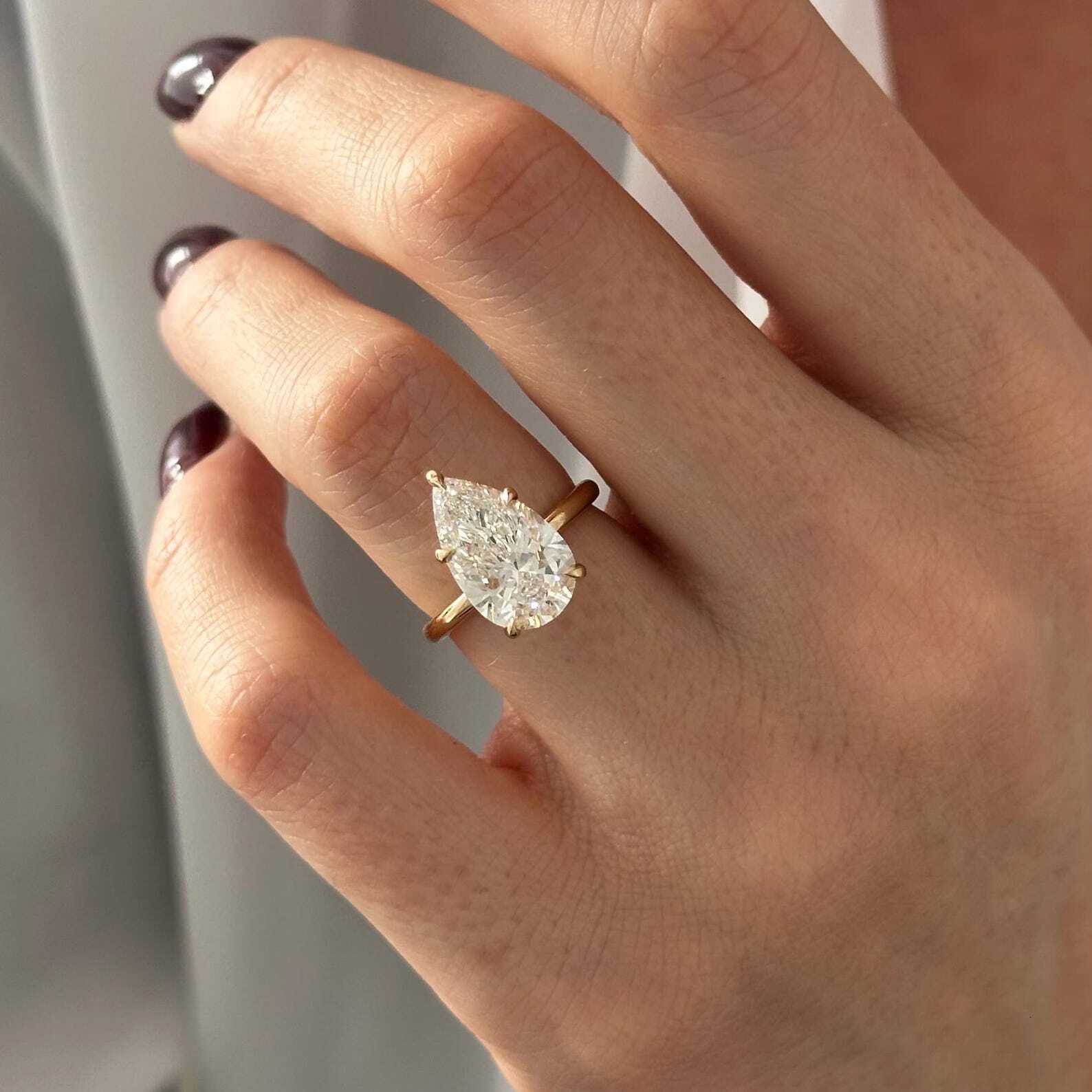 Elongated Pear Cut E VVS2 Lab Grown Diamond 2MM Solitaire Ring Low Set 5 Prong 14k Gold IGI Certified - view 5