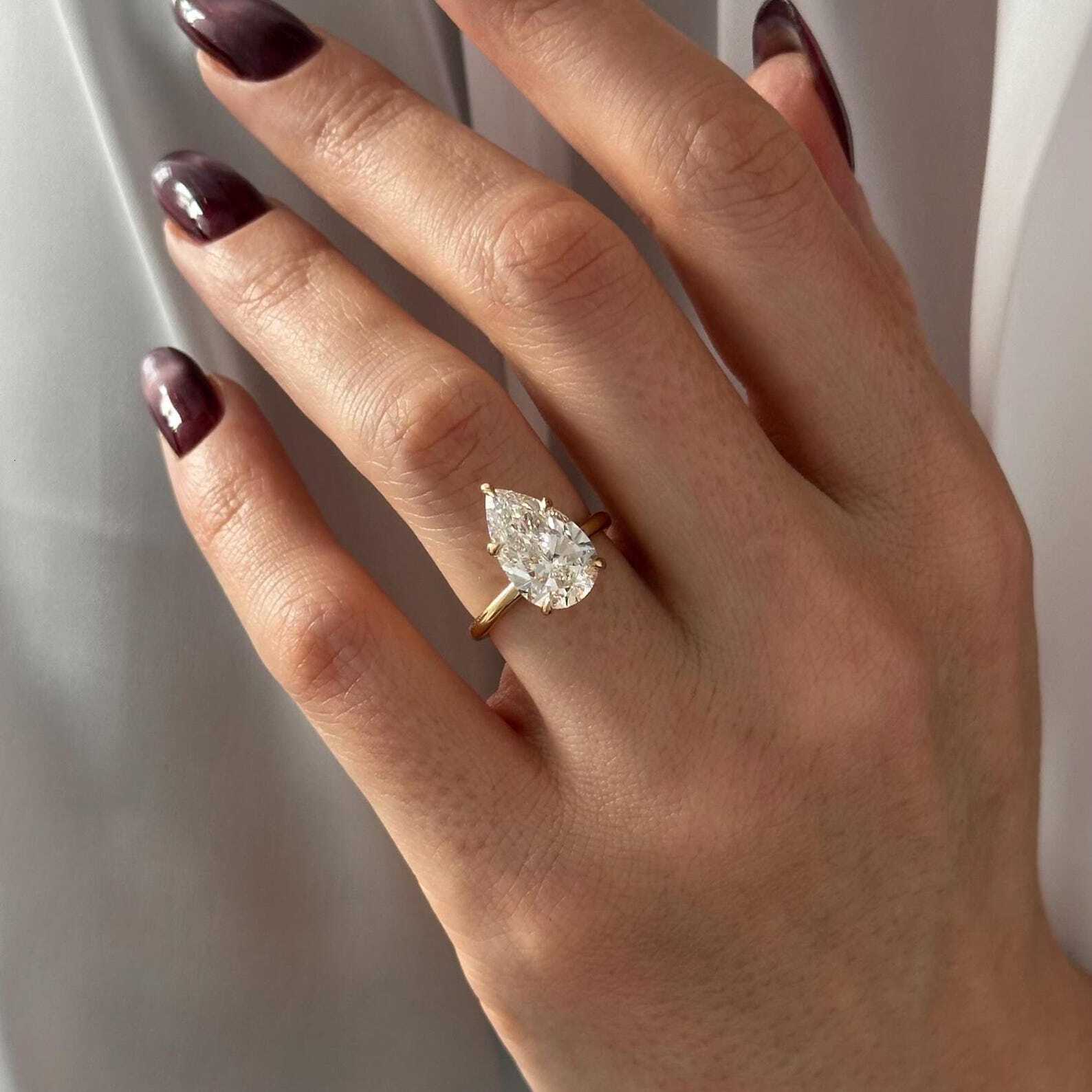 Elongated Pear Cut E VVS2 Lab Grown Diamond 2MM Solitaire Ring Low Set 5 Prong 14k Gold IGI Certified - view 3