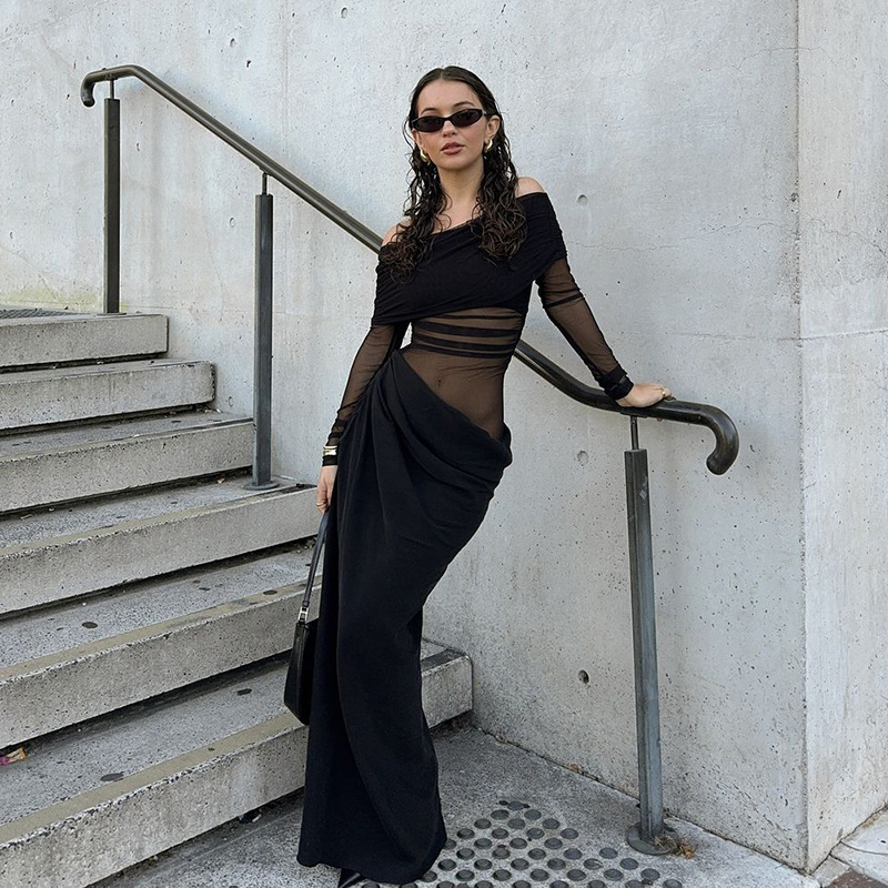 Work Dresses Asymmetric Off Shoulder Mesh Maxi Dress Women L