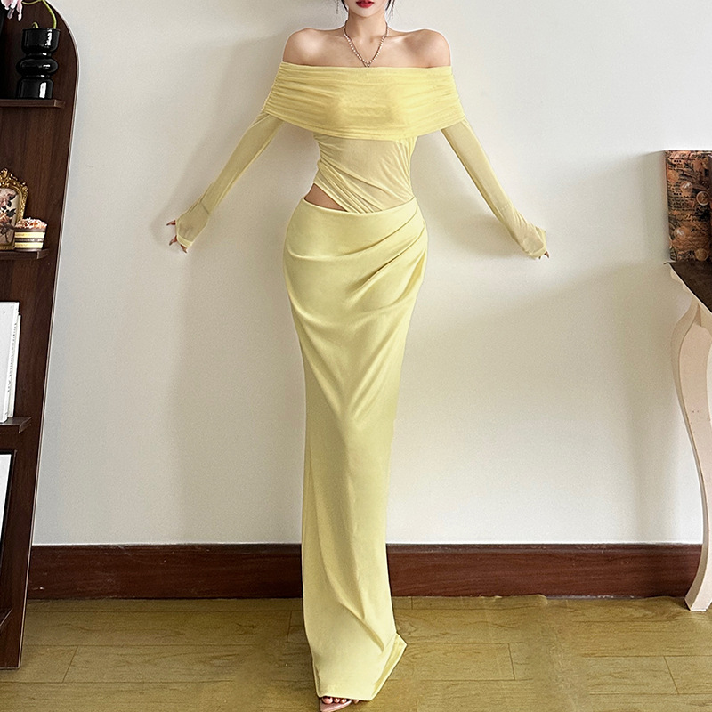 Work Dresses Asymmetric Off Shoulder Mesh Maxi Dress Women L - view 6