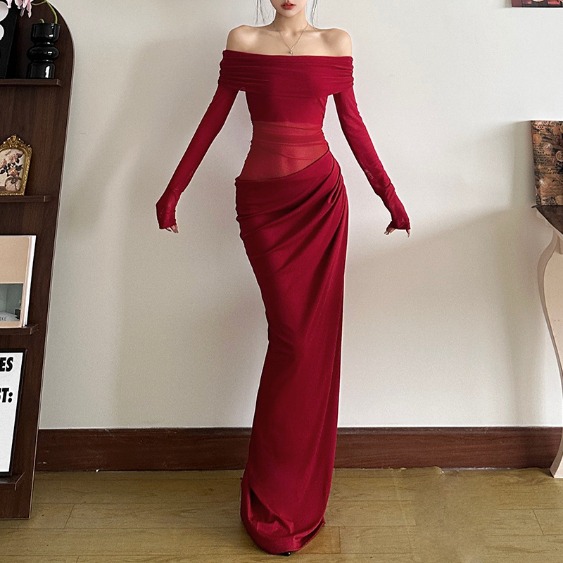 Work Dresses Asymmetric Off Shoulder Mesh Maxi Dress Women L - view 7