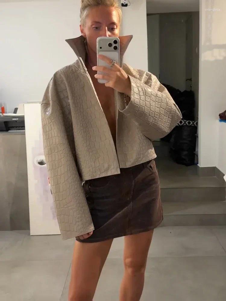 Women Cropped Faux Croc Leather Jacket Loose Solid Fashion S - view 7
