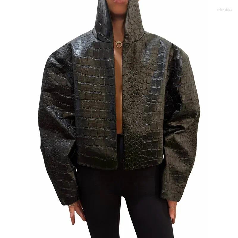 Women Cropped Faux Croc Leather Jacket Loose Solid Fashion S - view 8