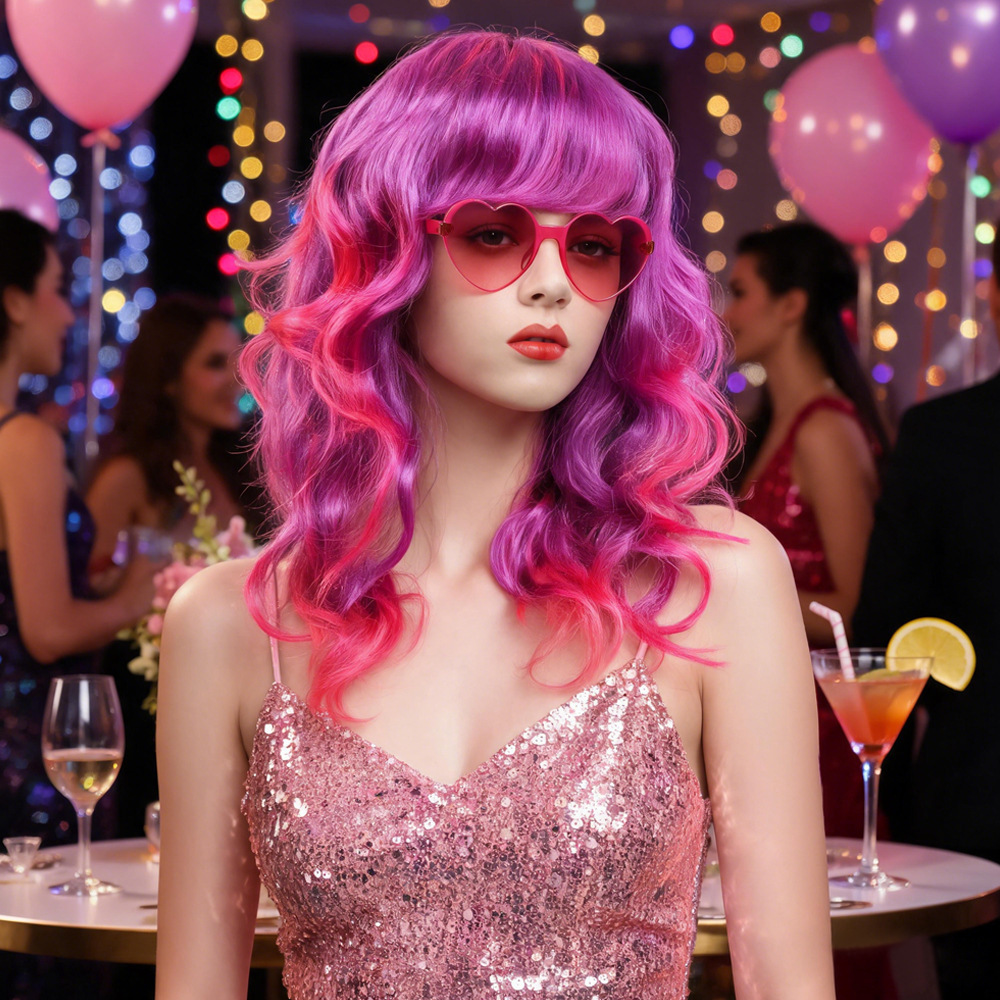 Halloween cosplay wig PurplePink Gradient Wavy Heart Shape
