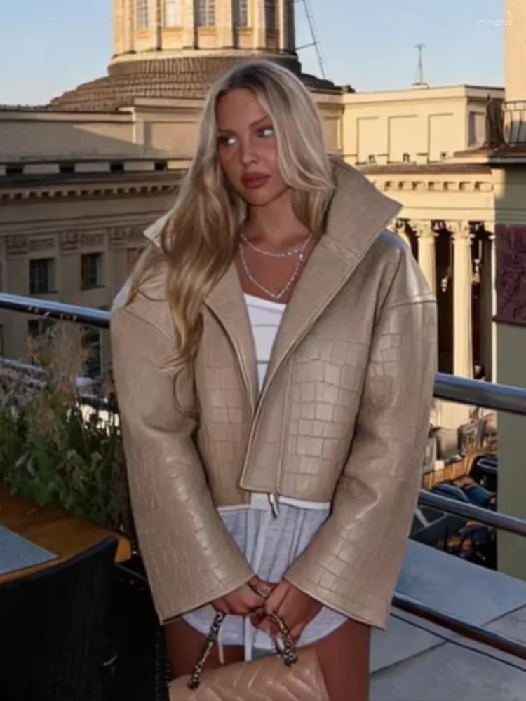 Women Cropped Faux Croc Leather Jacket Loose Solid Fashion S