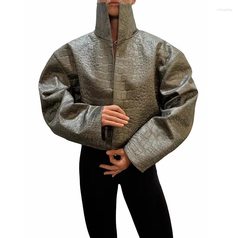 Women Cropped Faux Croc Leather Jacket Loose Solid Fashion S - view 9