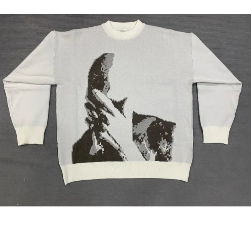 Hip hop street fashion versatile unisex round neck casual mask abstract men's print sweater loose sportswear knitted top couple 260921