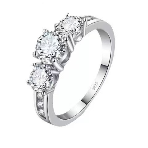 Three Stone Round Moissanite Ring 925 Sterling Silver Side Paved Band Engagement Promise Ring For Women - view 5