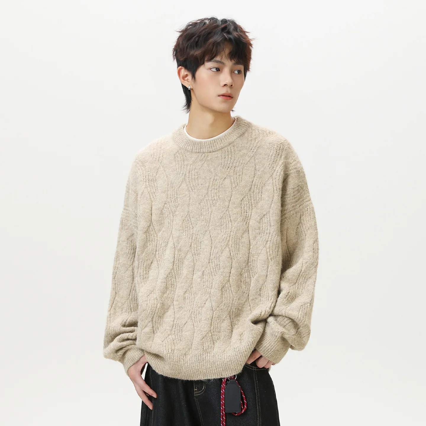 Thickened twisted solid color crew neck sweater men's autumn and winter retro loose knitted sweater jacket 260921
