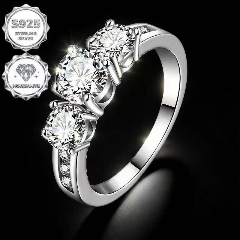 Three Stone Round Moissanite Ring 925 Sterling Silver Side Paved Band Engagement Promise Ring For Women - view 3